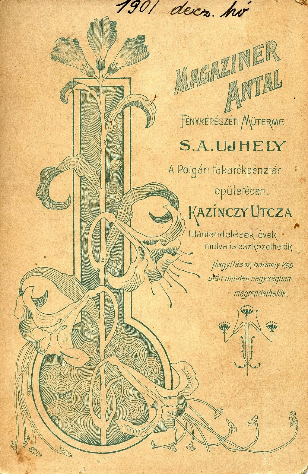Hungary, Sátoraljaújhely, Kazinczy utca, Magaziner Antal fényképészeti műterme., 1901, Mészöly Leonóra, studio, photographer, verso, Fortepan #90165