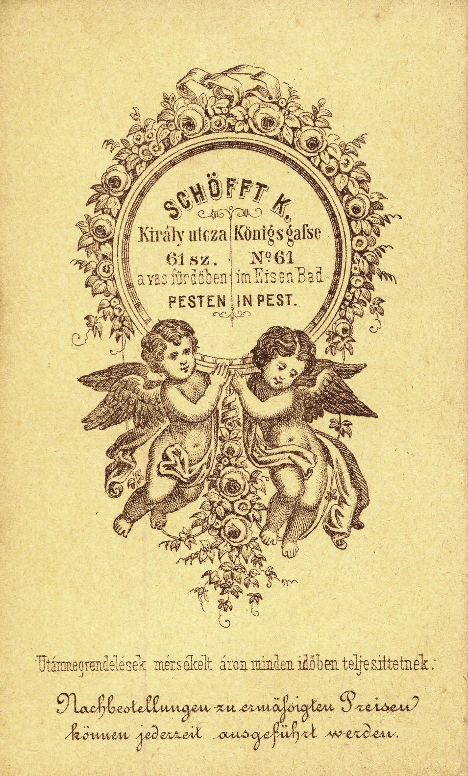 Hungary, Budapest VII., Király utca 61., Schöfft Károly fényképész. A felvétel 1870-ben készült., 1900, Mészöly Leonóra, studio, photographer, verso, Budapest, Fortepan #90175