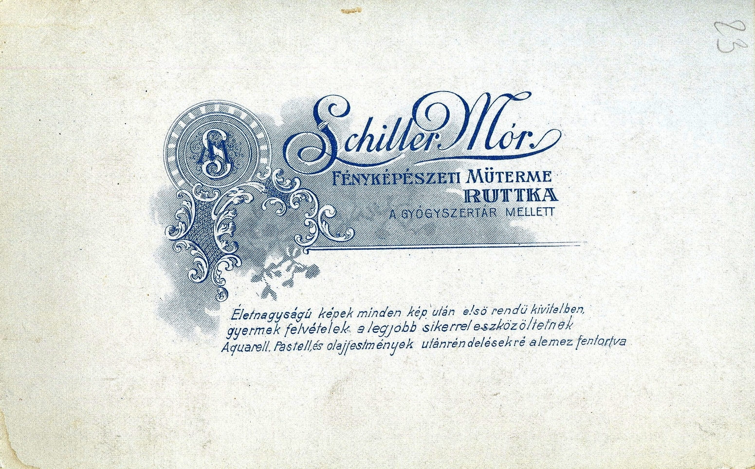 Szlovákia, Ruttka, gyógyszertár mellett, Schiller Mór fényképészeti műterme., 1905, Mészöly Leonóra, műterem, fényképész, hátlap, Fortepan #90176