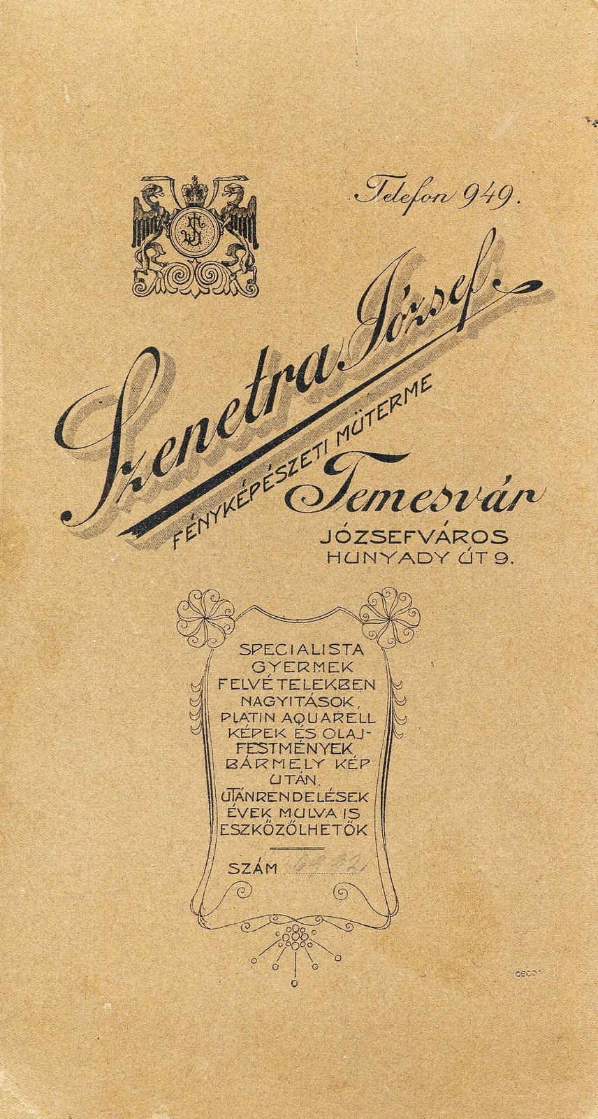 Romania,Transylvania, Timisoara, Hunyadi út 9., Szenetra József fényképész., 1910, Mészöly Leonóra, studio, photographer, verso, Fortepan #90179