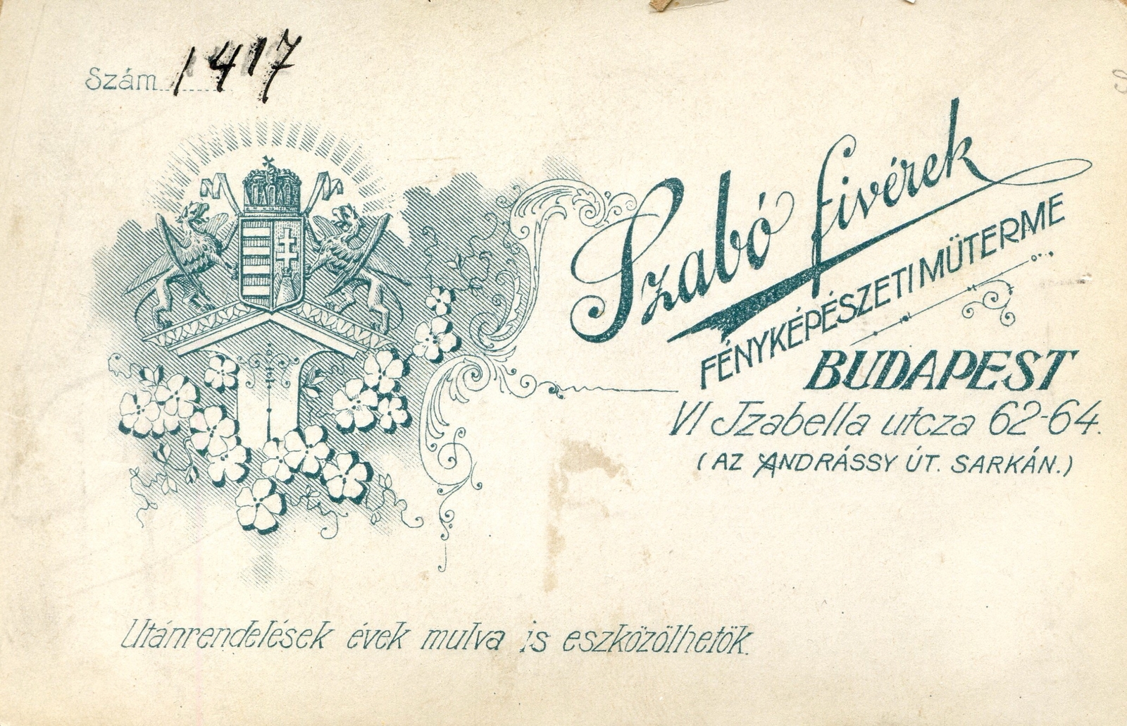 Hungary, Budapest VI., Izabella utca 62-64., Szabó fivérek műterme., 1900, Mészöly Leonóra, studio, photographer, verso, Budapest, Fortepan #90180