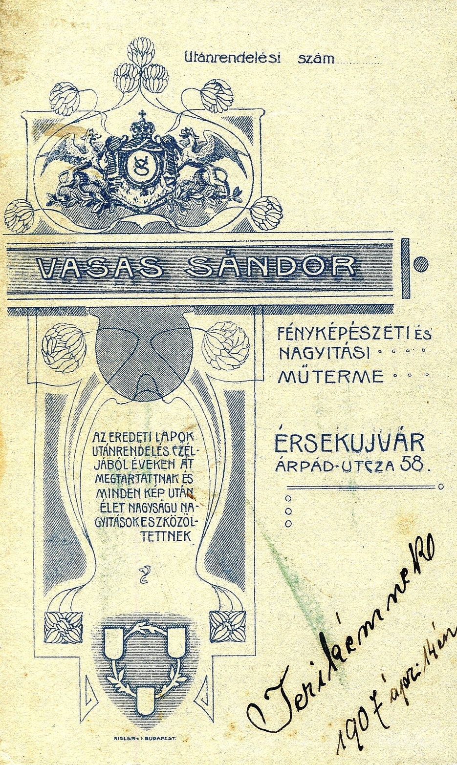 Szlovákia, Érsekújvár, Árpád utca 58., Vasas Sándor fényképész., 1907, Mészöly Leonóra, műterem, fényképész, hátlap, üzenet, Fortepan #90184