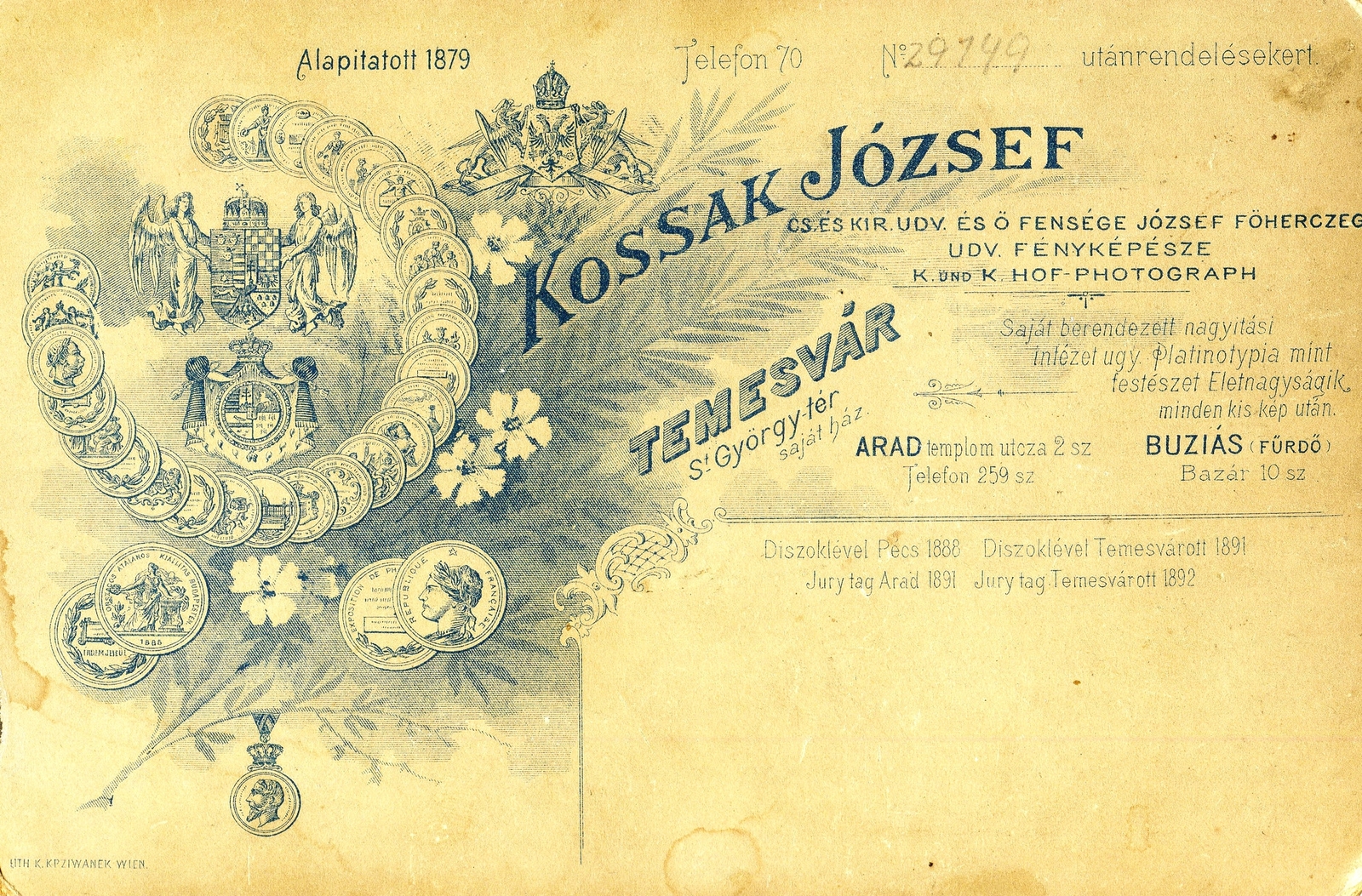 Romania,Transylvania, Timisoara, Szent György tér, Kossak József fényképész. A felvétel 1895-ben készült., 1900, Mészöly Leonóra, studio, photographer, verso, Fortepan #90189