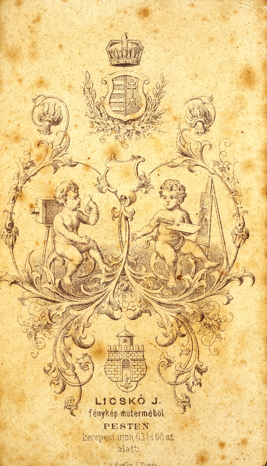 Magyarország, Budapest VIII.,Budapest VII., Rákóczi (Kerepesi) út 63, 66, Licskó János fényképész. A felvétel 1860-ban készült., 1900, Mészöly Leonóra, műterem, fényképész, hátlap, Budapest, Fortepan #90193