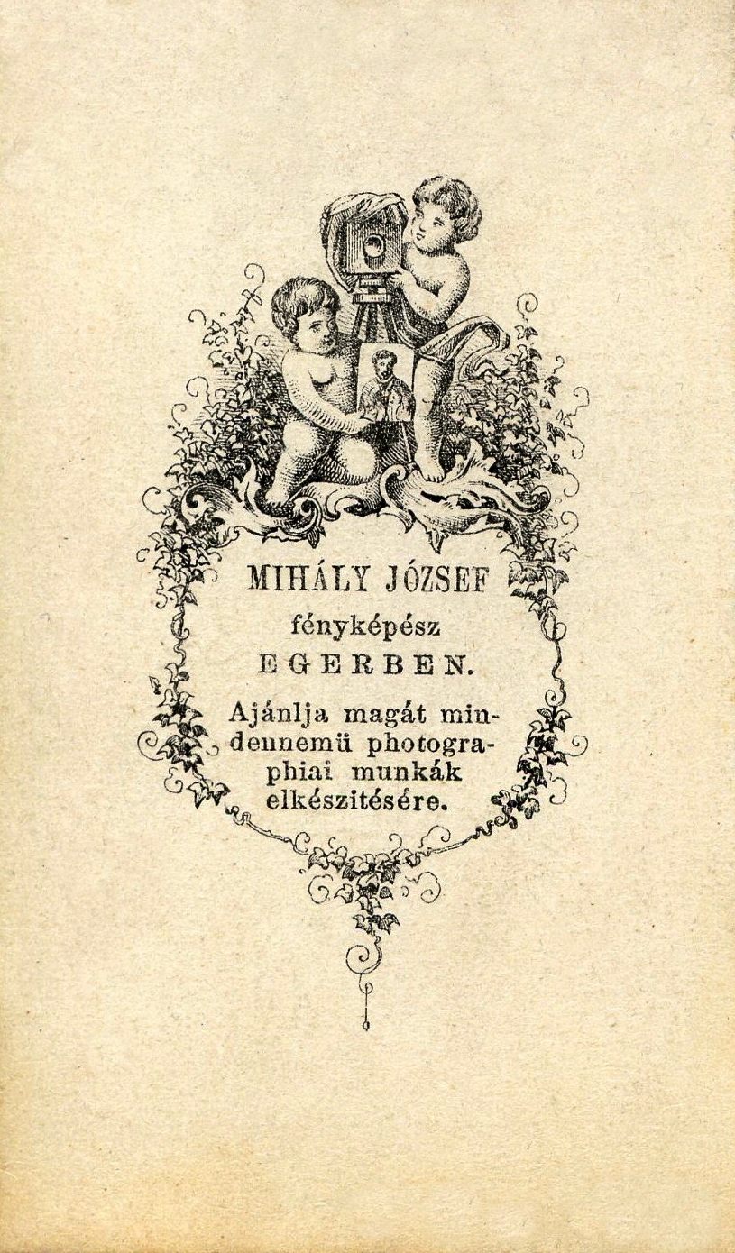 Magyarország, Eger, Mihály József fényképész. A felvétel 1880-ban készült., 1900, Mészöly Leonóra, műterem, fényképész, hátlap, Fortepan #90194