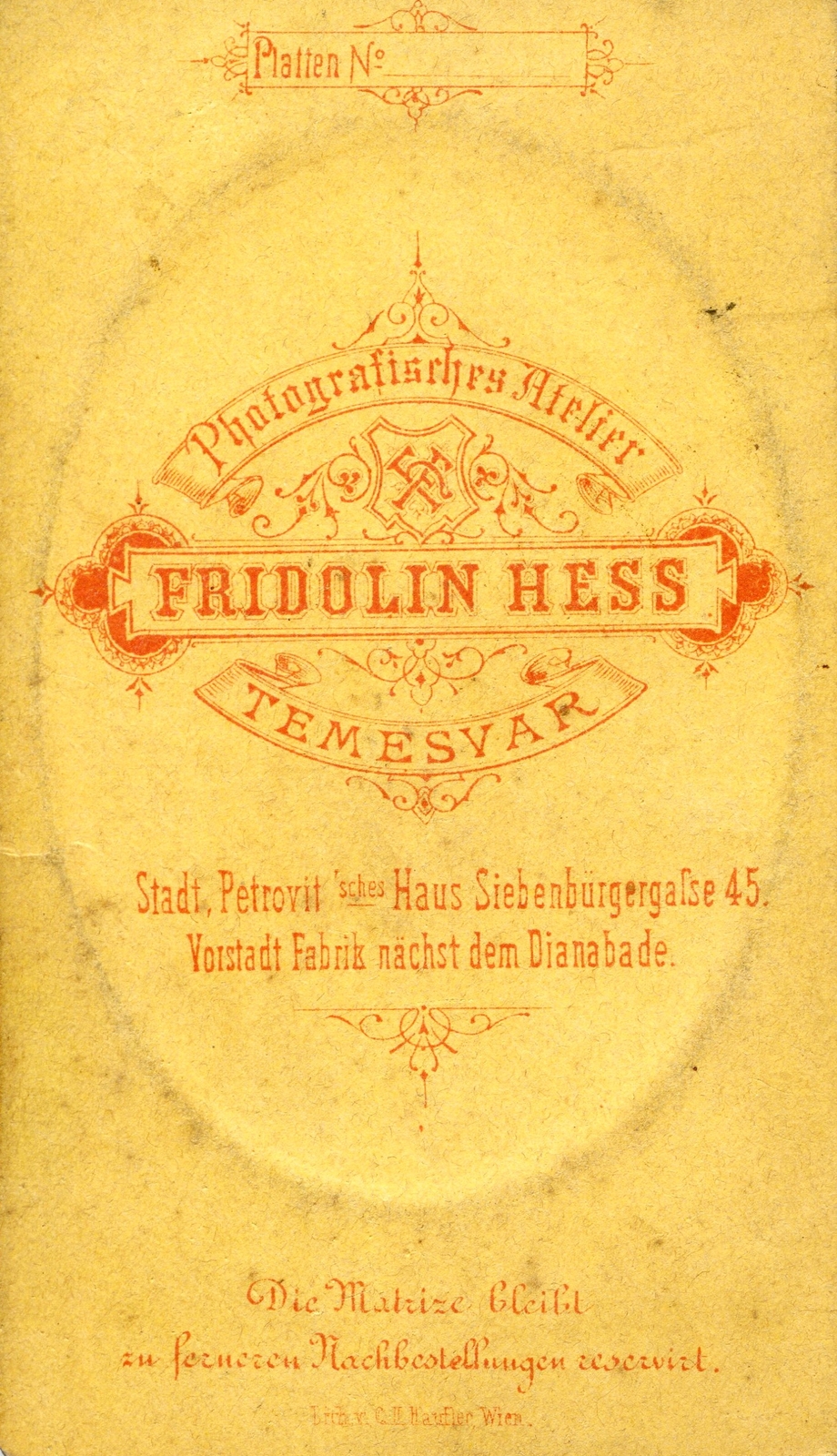 Romania,Transylvania, Timisoara, Siebenbürgergasse 45., Fridolin Hess fényképész. A felvétel 1870-ben készült., 1900, Mészöly Leonóra, studio, photographer, verso, Fortepan #90195