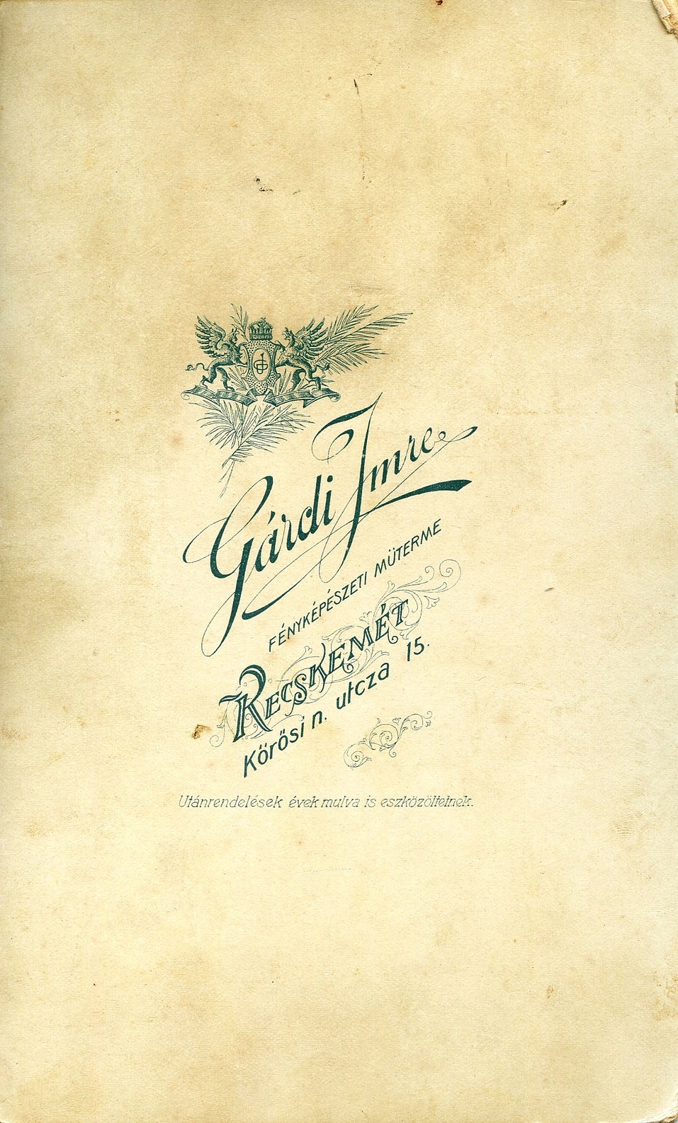 Hungary, Kecskemét, Körösi n. utca 15., Gárdi Imre fényképész. A felvétel 1880-ban készült., 1900, Mészöly Leonóra, studio, photographer, verso, Fortepan #90212