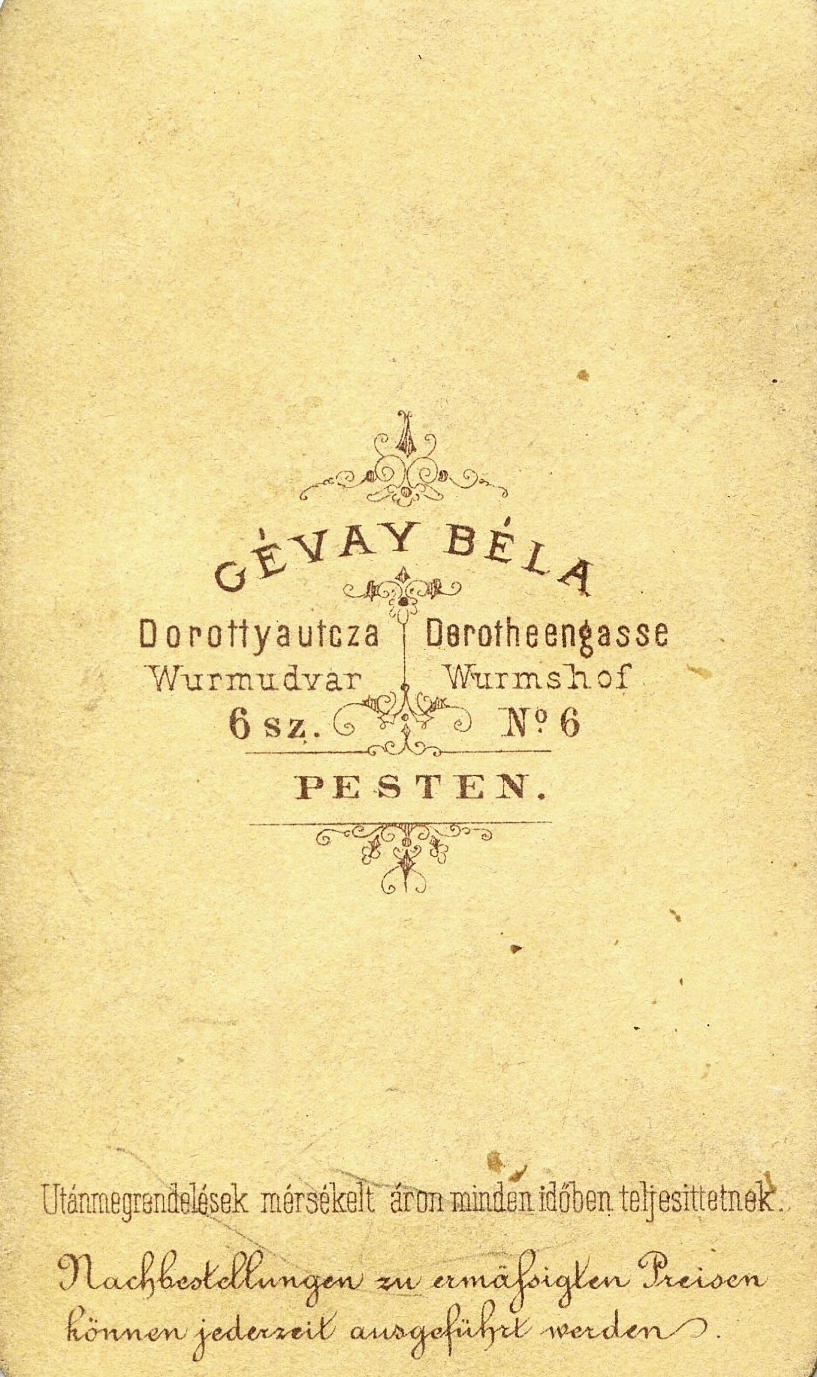 Hungary, Budapest V., Dorottya utca 6., Wurm-udvar, Gévay Béla fényképész. A felvétel 1868-ban készült., 1900, Mészöly Leonóra, studio, photographer, verso, Budapest, Fortepan #90213