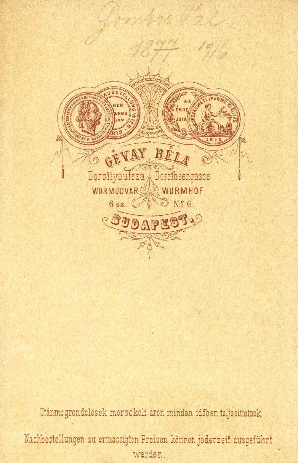 Hungary, Budapest V., Dorottya utca 6., Wurm-udvar, Gévay Béla fényképész. A felvétel 1877-ben készült., 1900, Mészöly Leonóra, studio, photographer, verso, Budapest, Fortepan #90214