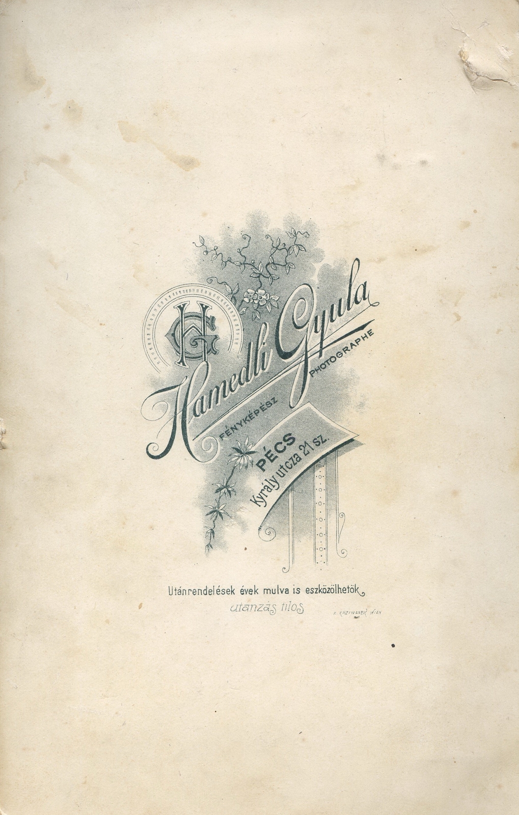 Hungary, Pécs, Király utca 21., Hamendli Gyula fényképész. A felvétel 1890-ben készült., 1900, Mészöly Leonóra, studio, photographer, verso, Fortepan #90223