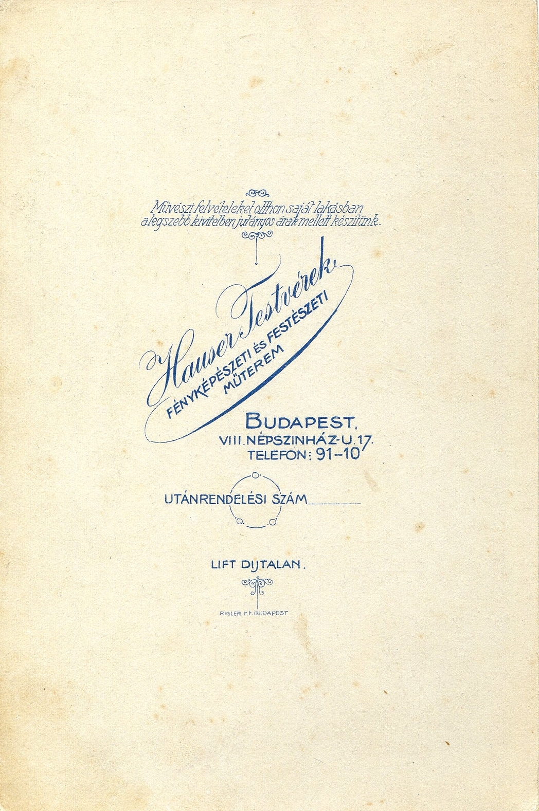 Hungary, Budapest VIII., Népszínház út 17., Hauser testvérek műterme., 1910, Mészöly Leonóra, studio, photographer, verso, Budapest, Fortepan #90224