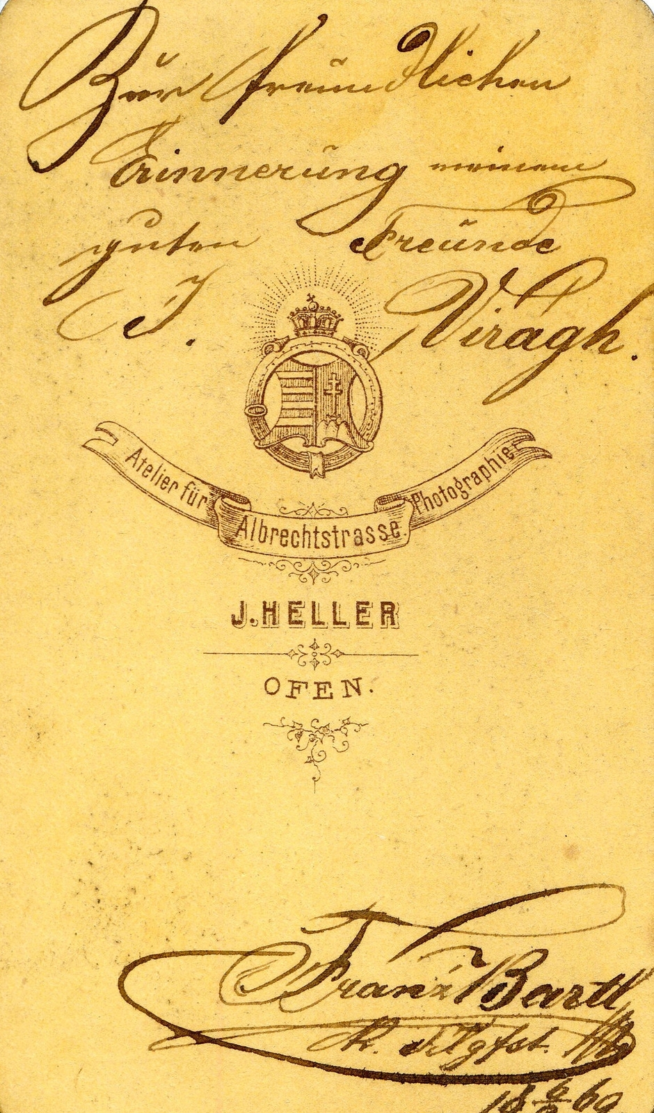 Hungary, Budapest I., Hunyadi János (Albrecht) út, Heller József fényképész. A felvétel 1860-ban készült., 1900, Mészöly Leonóra, studio, photographer, verso, Budapest, Fortepan #90228