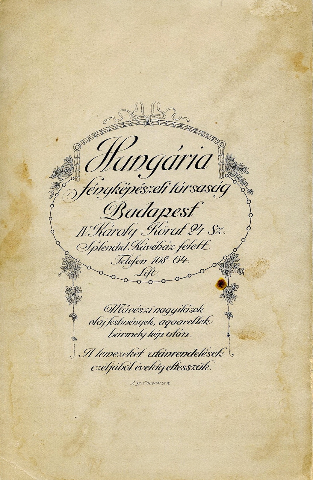 Hungary, Budapest V., Károly körút 24., Hungária Fényképészeti társaság., 1900, Mészöly Leonóra, studio, photographer, verso, Budapest, Fortepan #90232