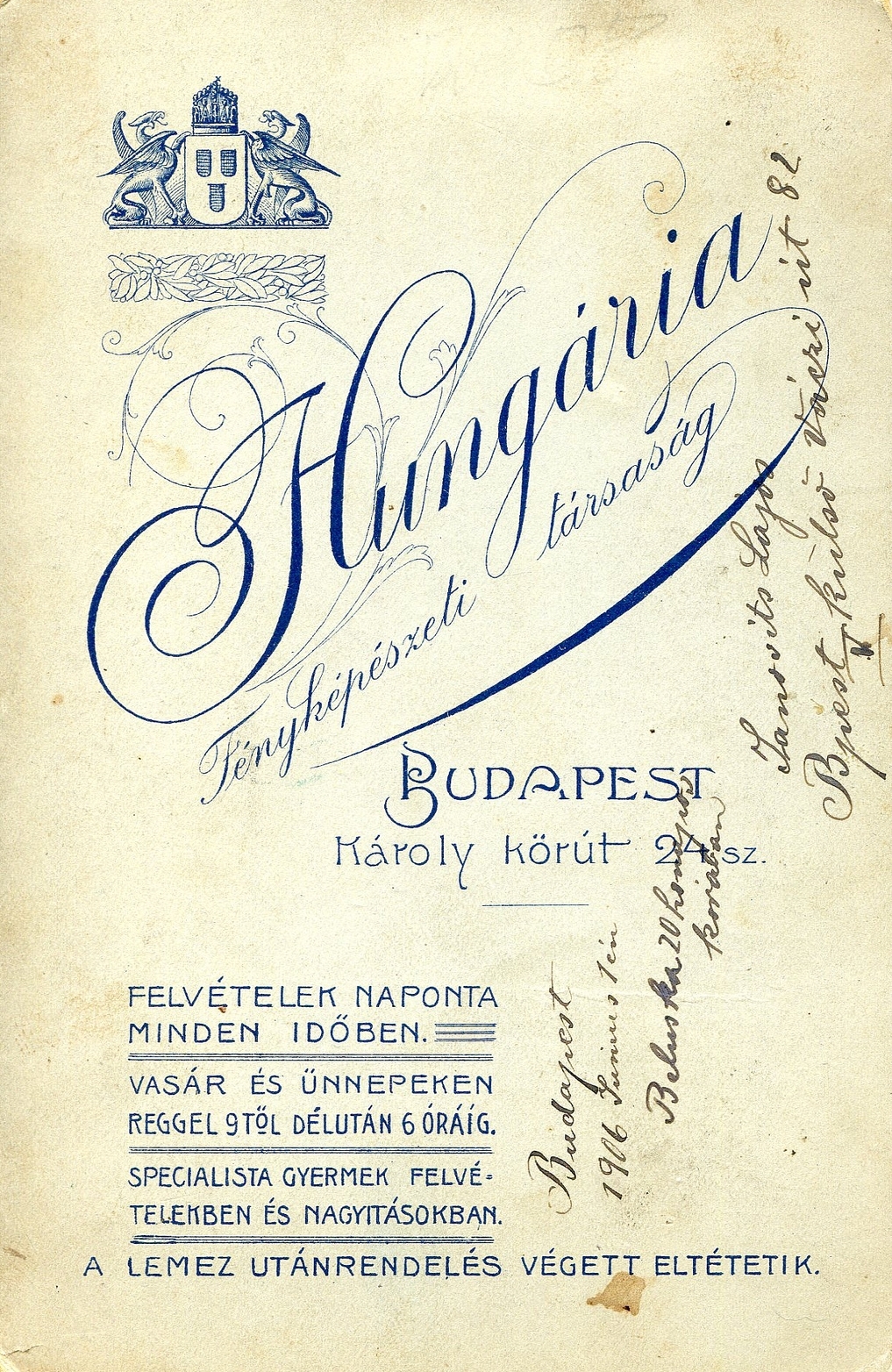 Hungary, Budapest V., Károly körút 24., Hungária Fényképészeti társaság., 1906, Mészöly Leonóra, studio, photographer, verso, Budapest, Fortepan #90233