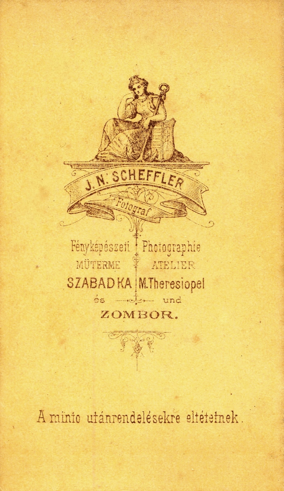 Serbia, Subotica,Sombor, J. N. Scheffler fényképészeti műterme. A felvétel 1870-ben készült., 1900, Mészöly Leonóra, studio, photographer, verso, Fortepan #90237