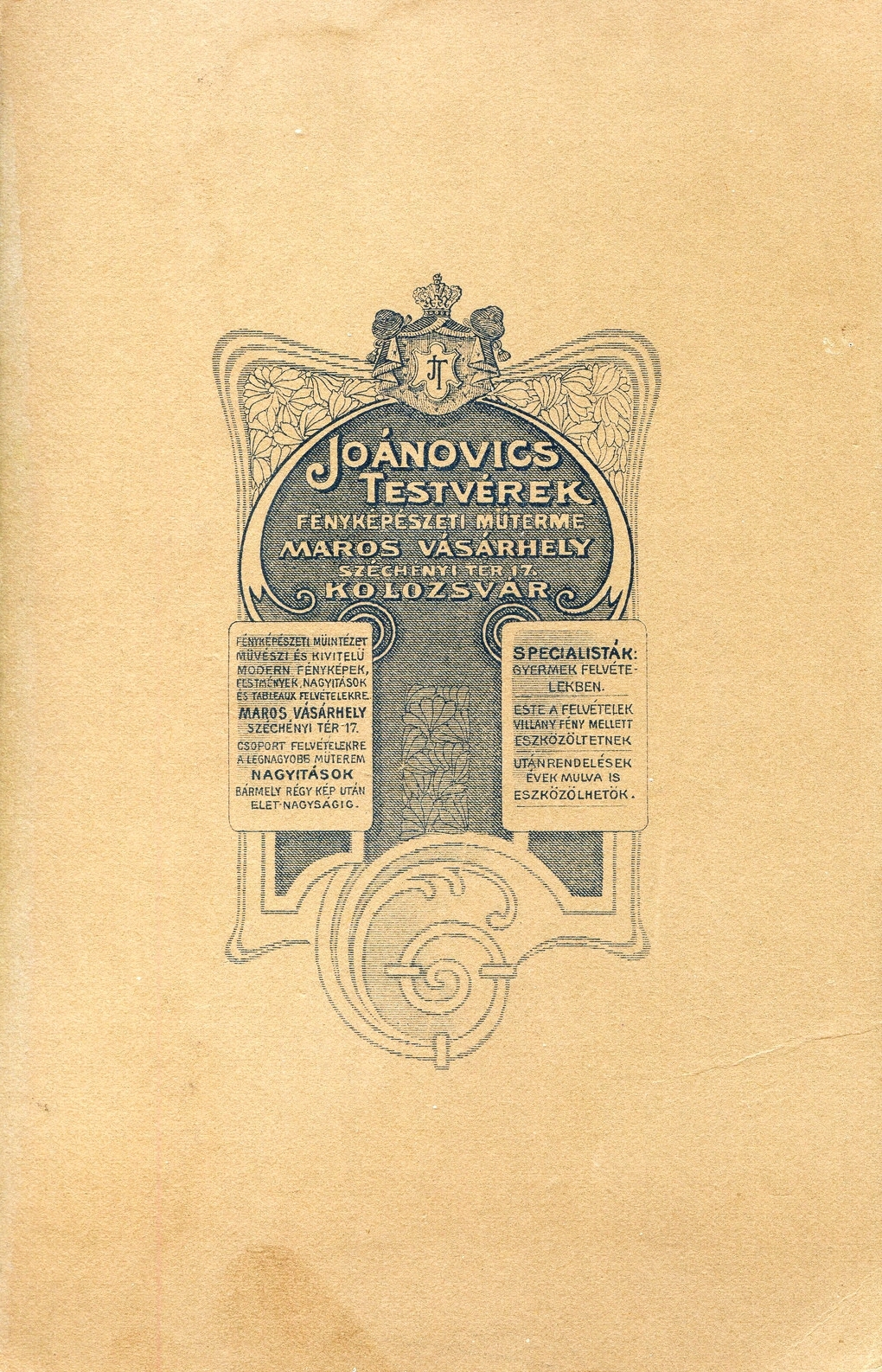 Romania,Transylvania, Cluj-Napoca,Târgu Mureș, Széchényi tér 17., Joánovics testvérek fényképészeti műterme., 1905, Mészöly Leonóra, studio, photographer, verso, Fortepan #90238