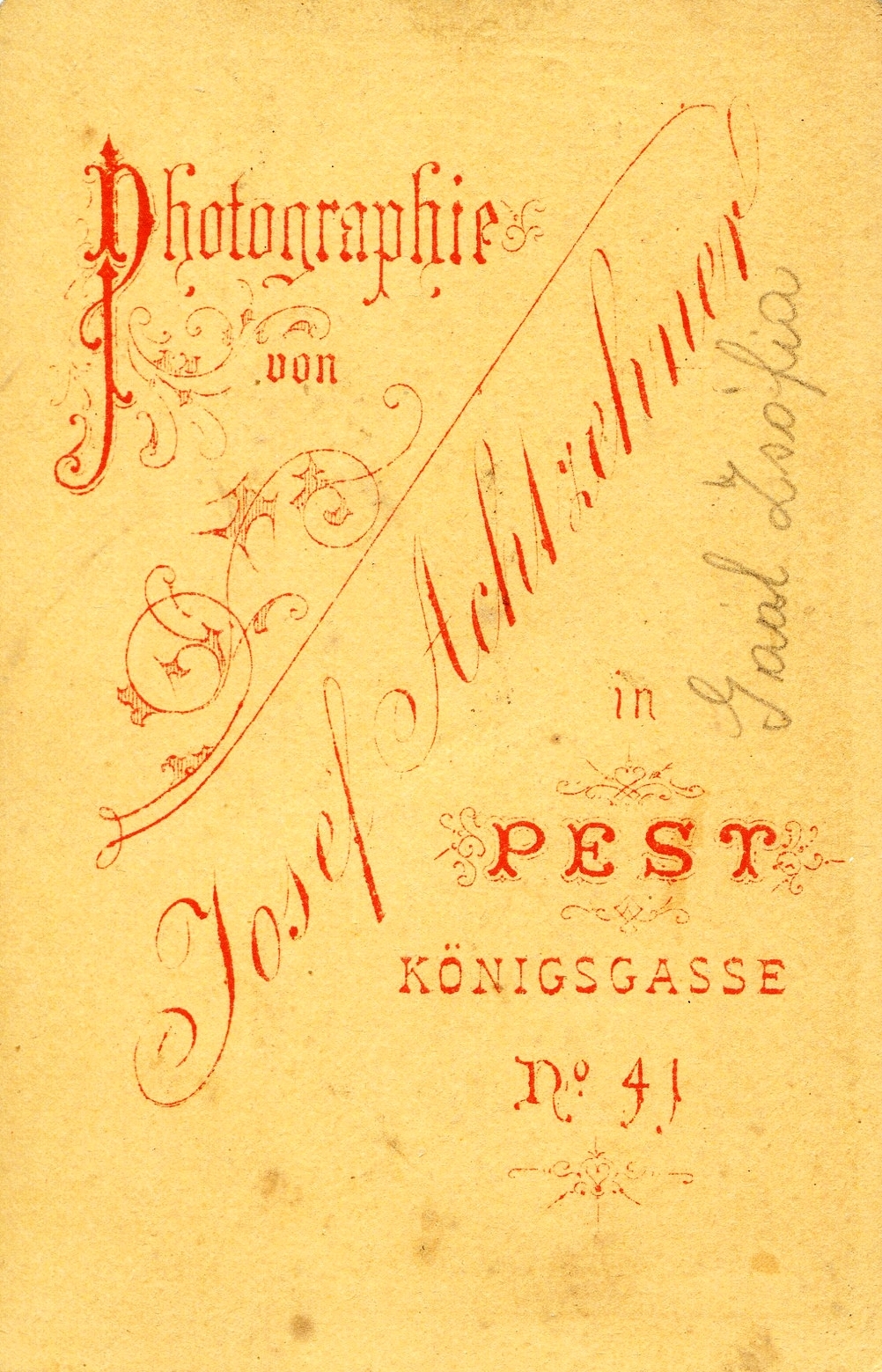 Magyarország, Budapest VII., Király utca (Königsgasse) 41., Josef Achtzehner fényképész. A felvétel 1870-ben készült., 1900, Mészöly Leonóra, műterem, fényképész, hátlap, Budapest, Fortepan #90239