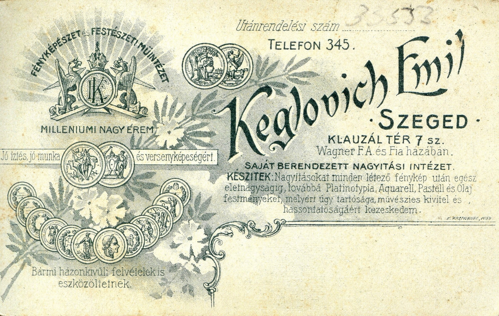 Hungary, Szeged, Klauzál tér 7., Keglovich Emil fényképészet és festészeti műintézet. A felvétel 1896-ban készült., 1900, Mészöly Leonóra, studio, photographer, verso, Fortepan #90245