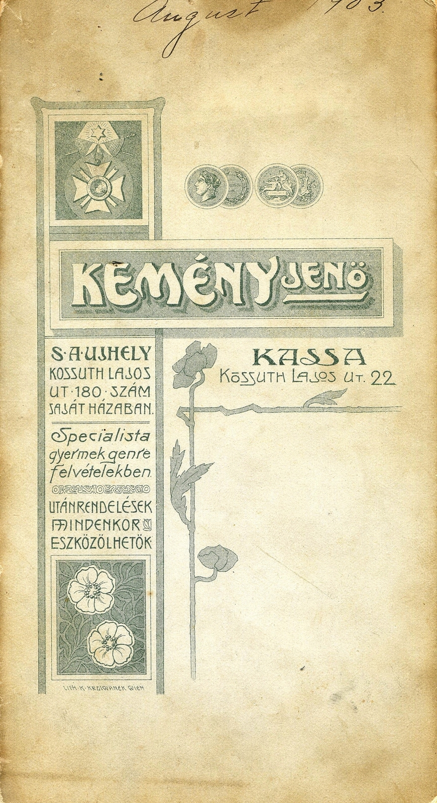 Szlovákia, Kassa, Kossuth lajos út 22., Kemény Jenő fényképész., 1903, Mészöly Leonóra, műterem, fényképész, hátlap, Fortepan #90246
