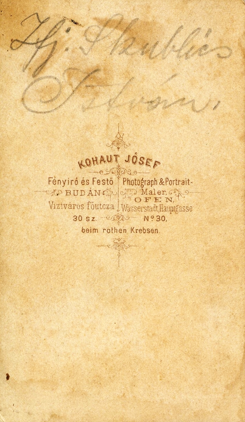 Magyarország, Budapest I., Fő utca 30., Kohaut Jósef fényíró és festő. A felvétel 1863-ban készült., 1900, Mészöly Leonóra, műterem, fényképész, hátlap, Budapest, Fortepan #90257