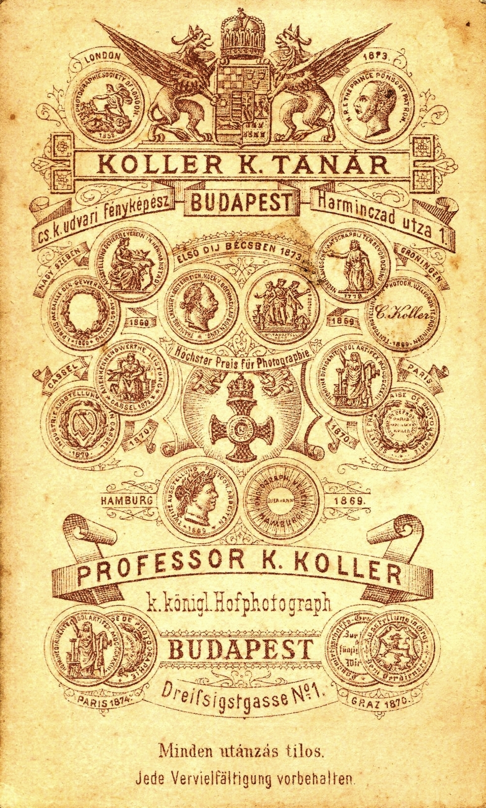 Magyarország, Budapest V., Harmincad utca 1., Koller Károly tanár, fényképész. A felvétel 1874-ben készült., 1900, Mészöly Leonóra, műterem, fényképész, hátlap, Budapest, Fortepan #90261