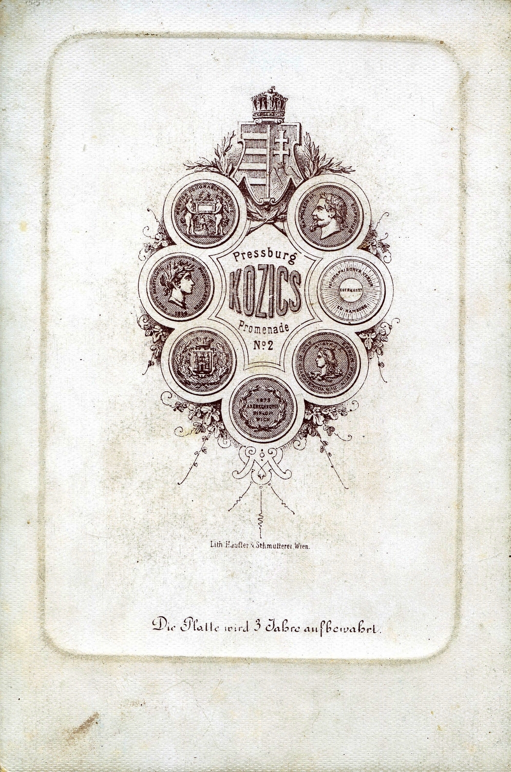 Slovakia, Bratislava, Promenade 2., Kozics E. fényképész. A felvétel 1873-ban készült., 1900, Mészöly Leonóra, studio, photographer, verso, Fortepan #90266