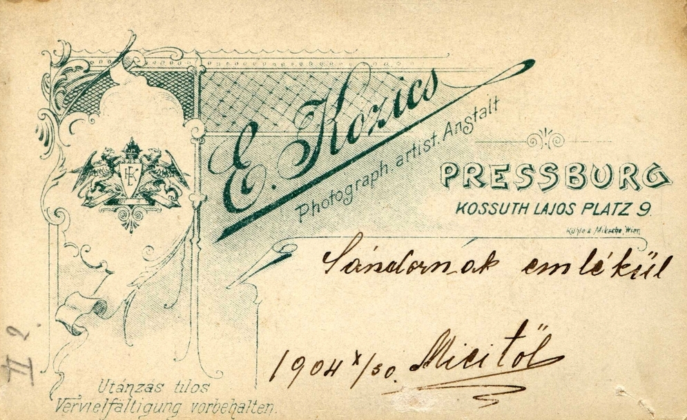 Slovakia, Bratislava, Kossuth Lajos tér 9., Kozics E. fényképész., 1904, Mészöly Leonóra, studio, photographer, verso, Fortepan #90267