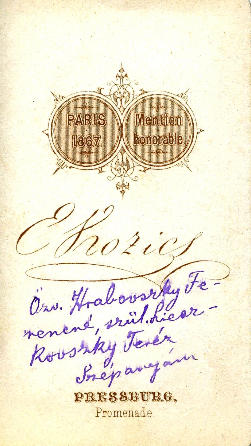 Slovakia, Bratislava, Promenade 2., Kozics E. fényképész. A felvétel 1867-ben készült., 1900, Mészöly Leonóra, studio, photographer, verso, Fortepan #90268