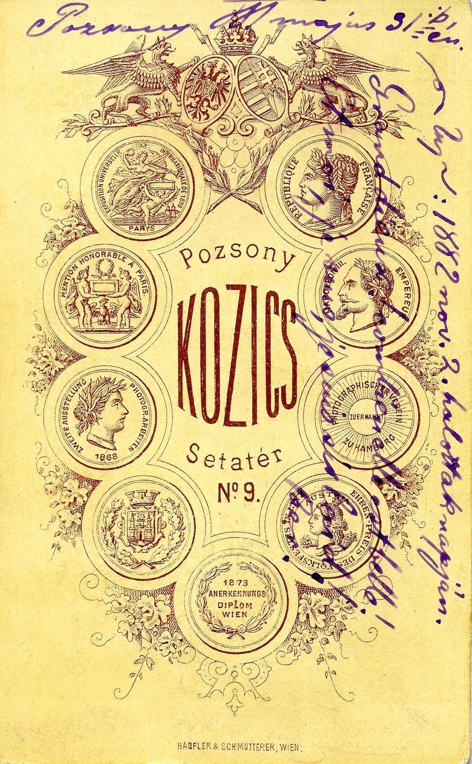 Slovakia, Bratislava, Sétatér 9., Kozics fényképész. A felvétel 1881-ben készült., 1900, Mészöly Leonóra, studio, photographer, verso, Fortepan #90269