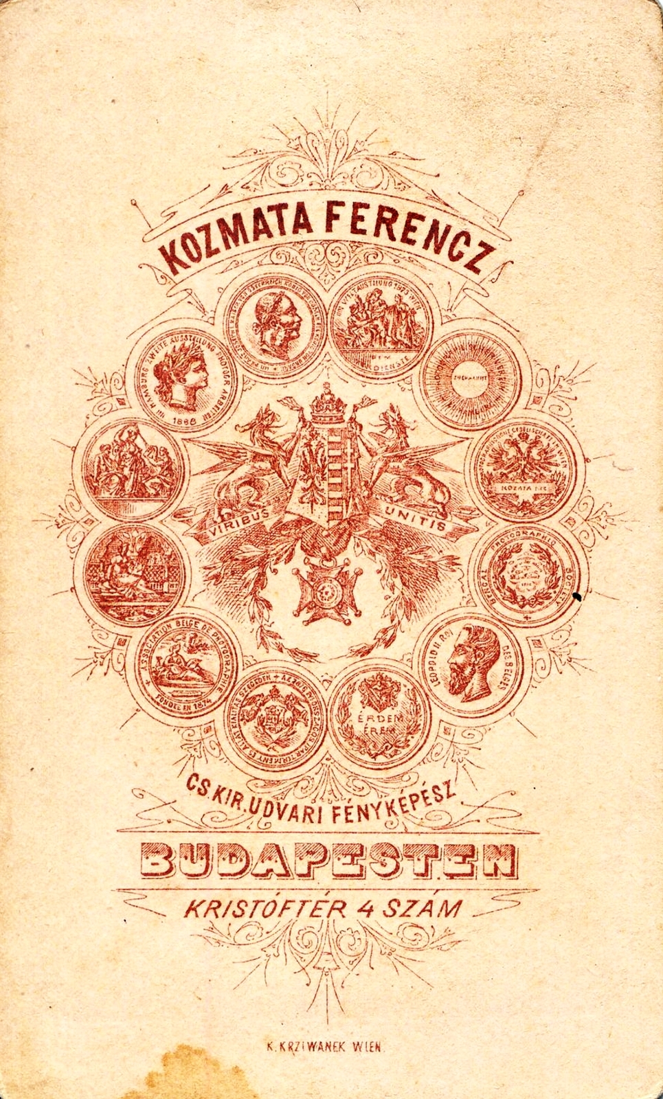 Hungary, Budapest V., Kristóf tér 4., Kozmata Ferencz fényképész. A felvétel 1875-ben készült., 1900, Mészöly Leonóra, studio, photographer, verso, Budapest, Fortepan #90273