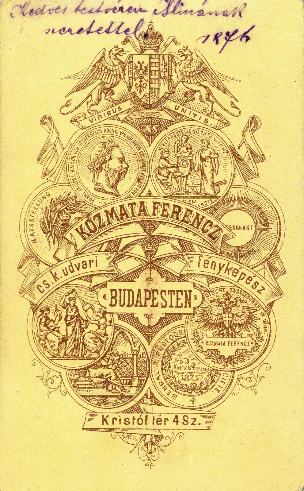 Hungary, Budapest V., Kristóf tér 4., Kózmata Ferencz fényképész. A felvétel 1876-ban készült., 1900, Mészöly Leonóra, studio, photographer, verso, Budapest, Fortepan #90275