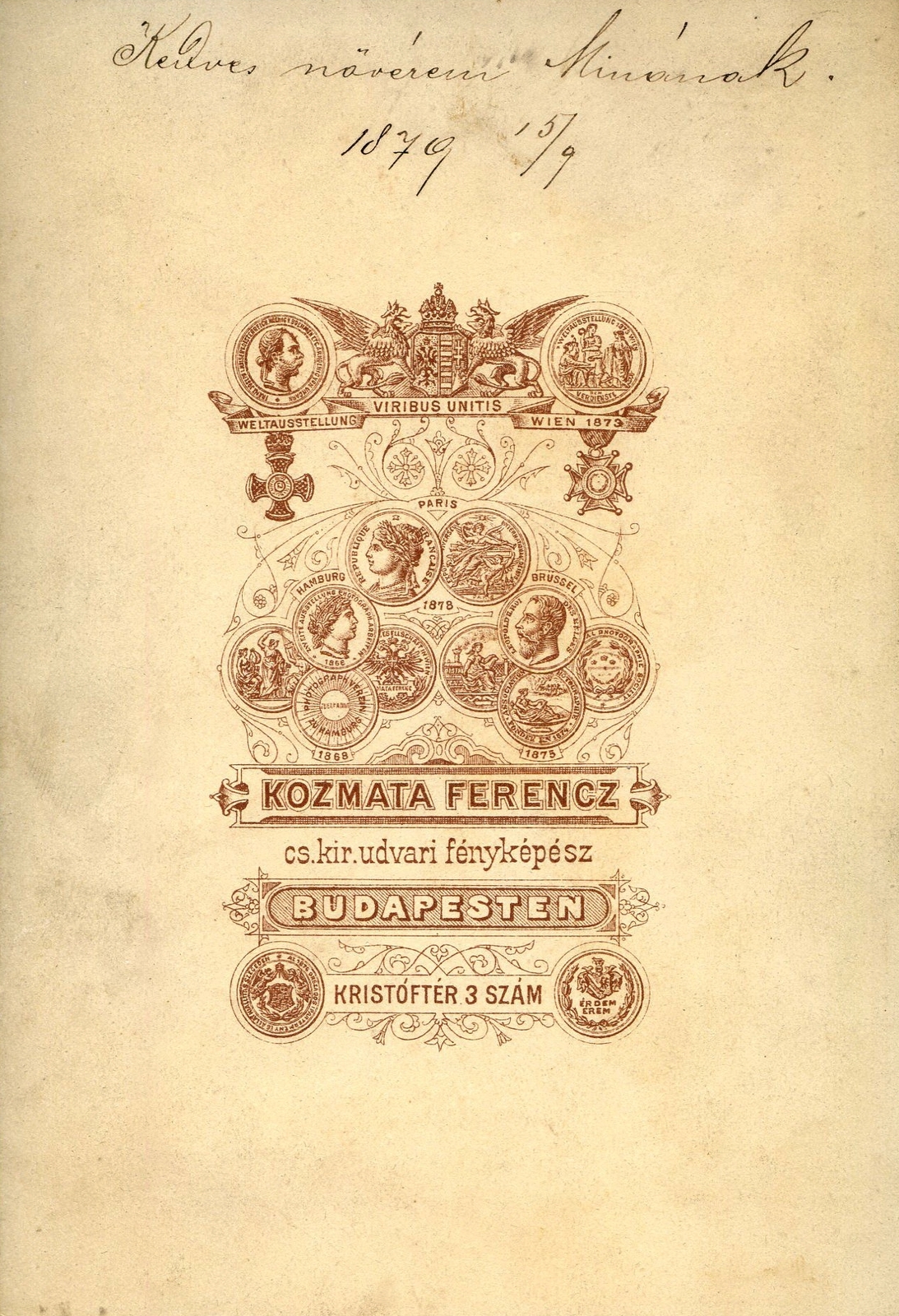 Magyarország, Budapest V., Kristóf tér 3., Kozmata Ferencz fényképész. A felvétel 1879-ben készült., 1900, Mészöly Leonóra, műterem, fényképész, hátlap, Budapest, Fortepan #90279
