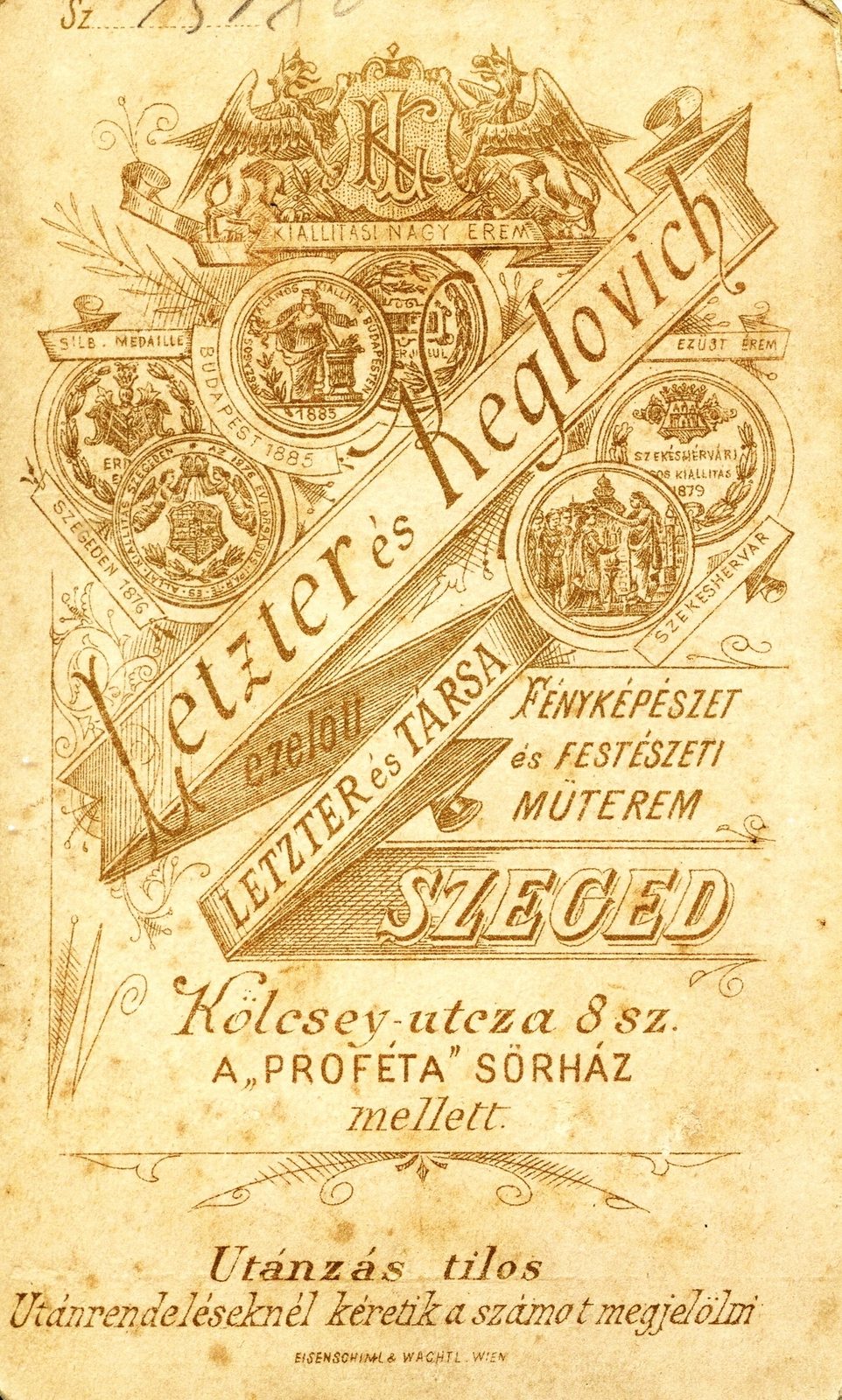 Hungary, Szeged, Kölcsey utca 8., Letzter és Keglovich fényképészeti és festészeti műterme. A felvétel 1888-ban készült., 1900, Mészöly Leonóra, studio, photographer, verso, Fortepan #90287