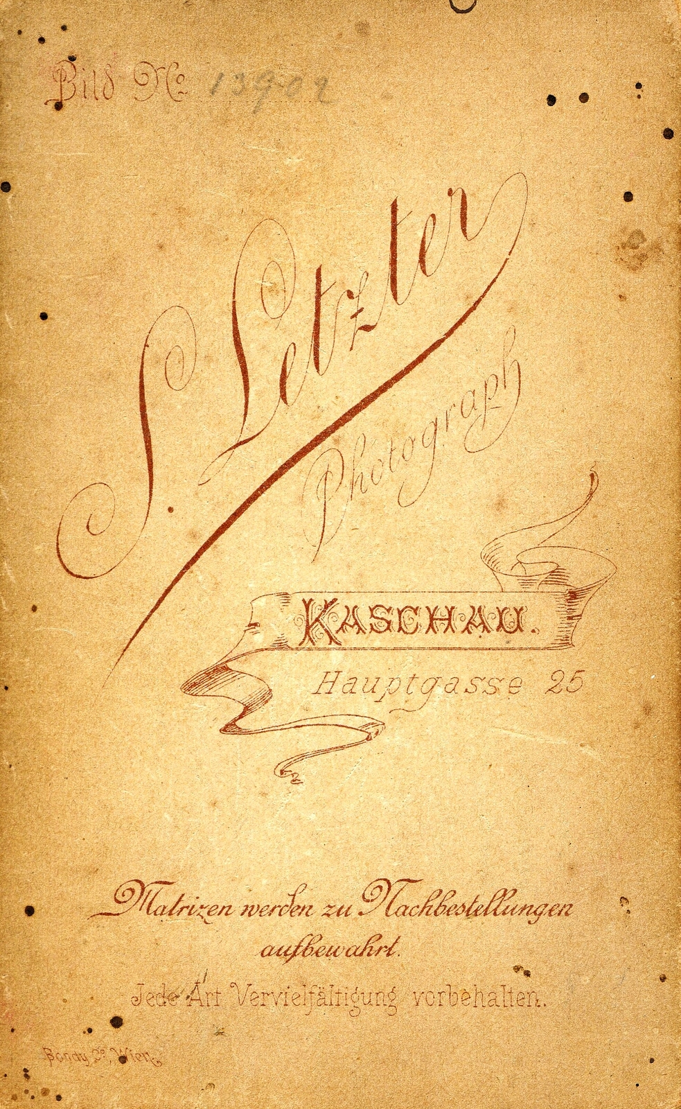 Slovakia, Košice, Fő utca 25., Letzter S. fényképész. A felvétel 1885-ben készült., 1900, Mészöly Leonóra, studio, photographer, verso, Fortepan #90289