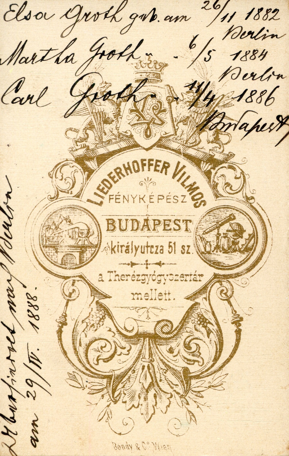 Hungary, Budapest VII., Király utca 51.Liederhoffer Vilmos fényképész. A felvétel 1888-ban készült., 1900, Mészöly Leonóra, studio, photographer, verso, Budapest, Fortepan #90292