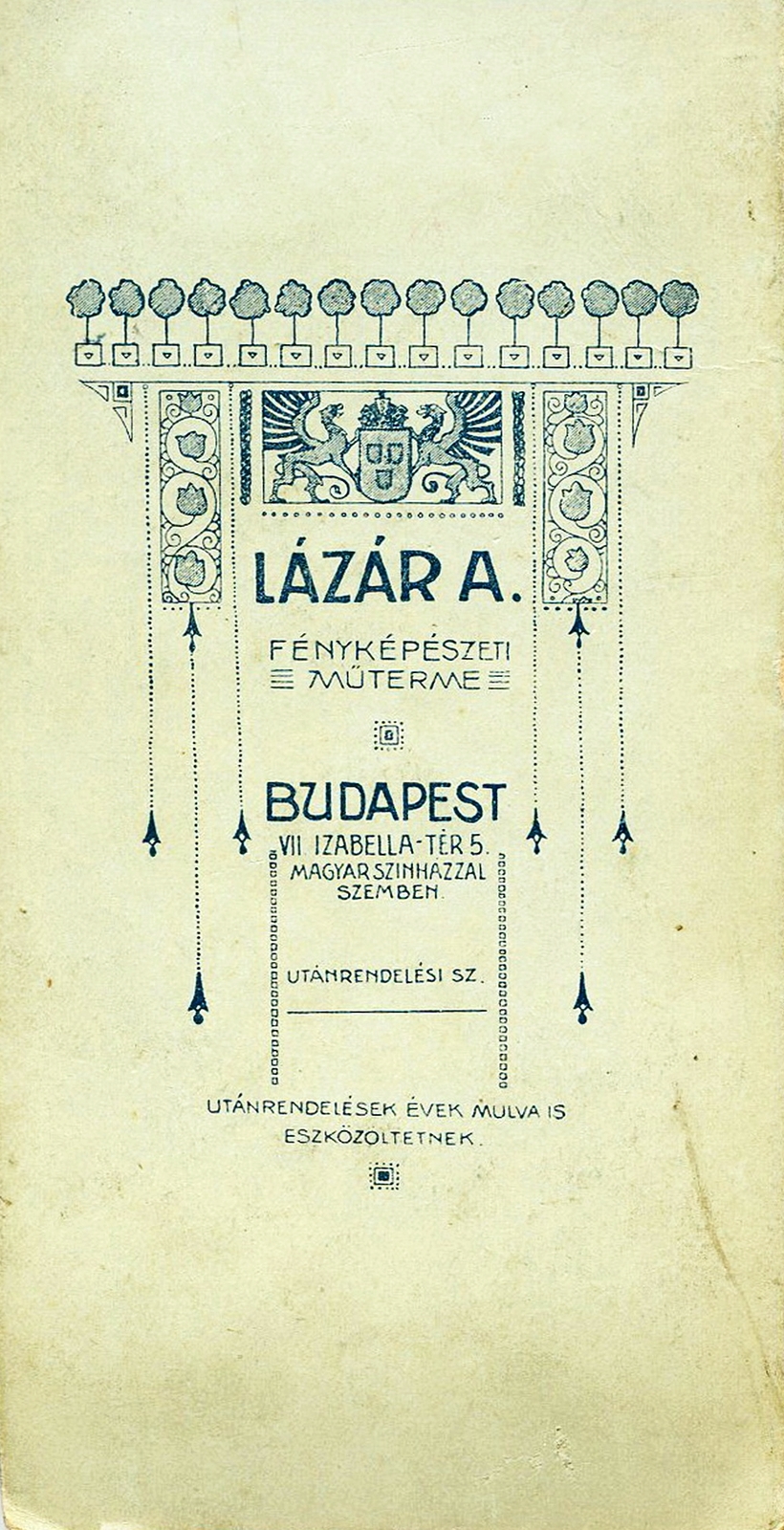Hungary, Budapest VII., Izabella tér 5., Lázár A. fényképészeti műterme., 1900, Mészöly Leonóra, studio, photographer, verso, Budapest, Fortepan #90299