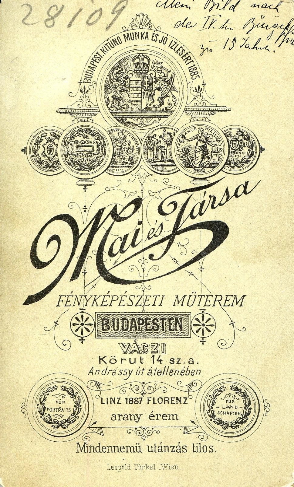 Hungary, Budapest V., Bajcsy-Zsilinszky út (Váci körút) 14., Mai Manó és Társa fényképészeti műterme. A felvétel 1887-ben készült., 1900, Mészöly Leonóra, studio, photographer, verso, Budapest, Fortepan #90300