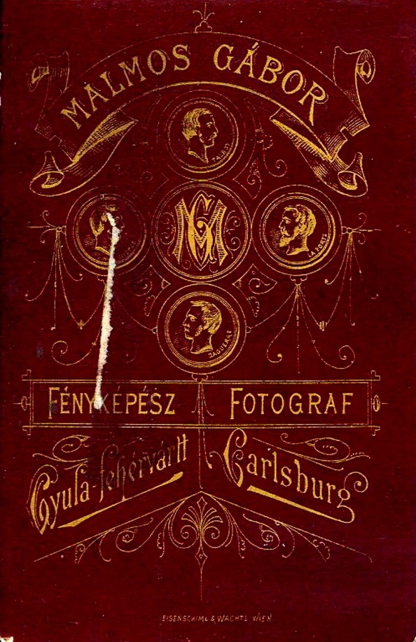 Romania,Transylvania, Alba Iulia, Malmos Gábor fényképész. A felvétel 1880-ban készült., 1900, Mészöly Leonóra, studio, photographer, verso, Fortepan #90305