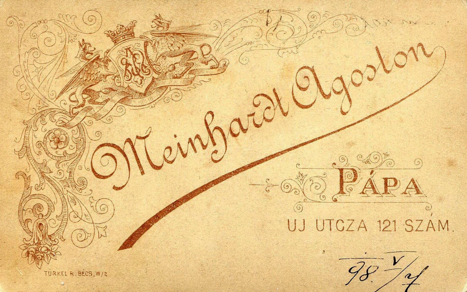 Magyarország, Pápa, Új utca 121., Meinhardt Ágoston fényképész. A felvétel 1898-ban készült., 1900, Mészöly Leonóra, műterem, fényképész, hátlap, Fortepan #90307