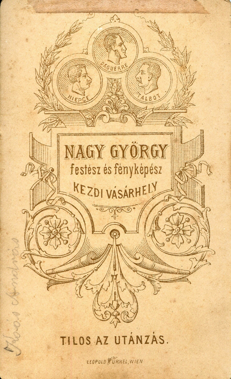 Romania,Transylvania, Târgu Secuiesc, Nagy György festész és fényképész. A felvétel 1880-ban készült., 1900, Mészöly Leonóra, studio, photographer, verso, Fortepan #90313