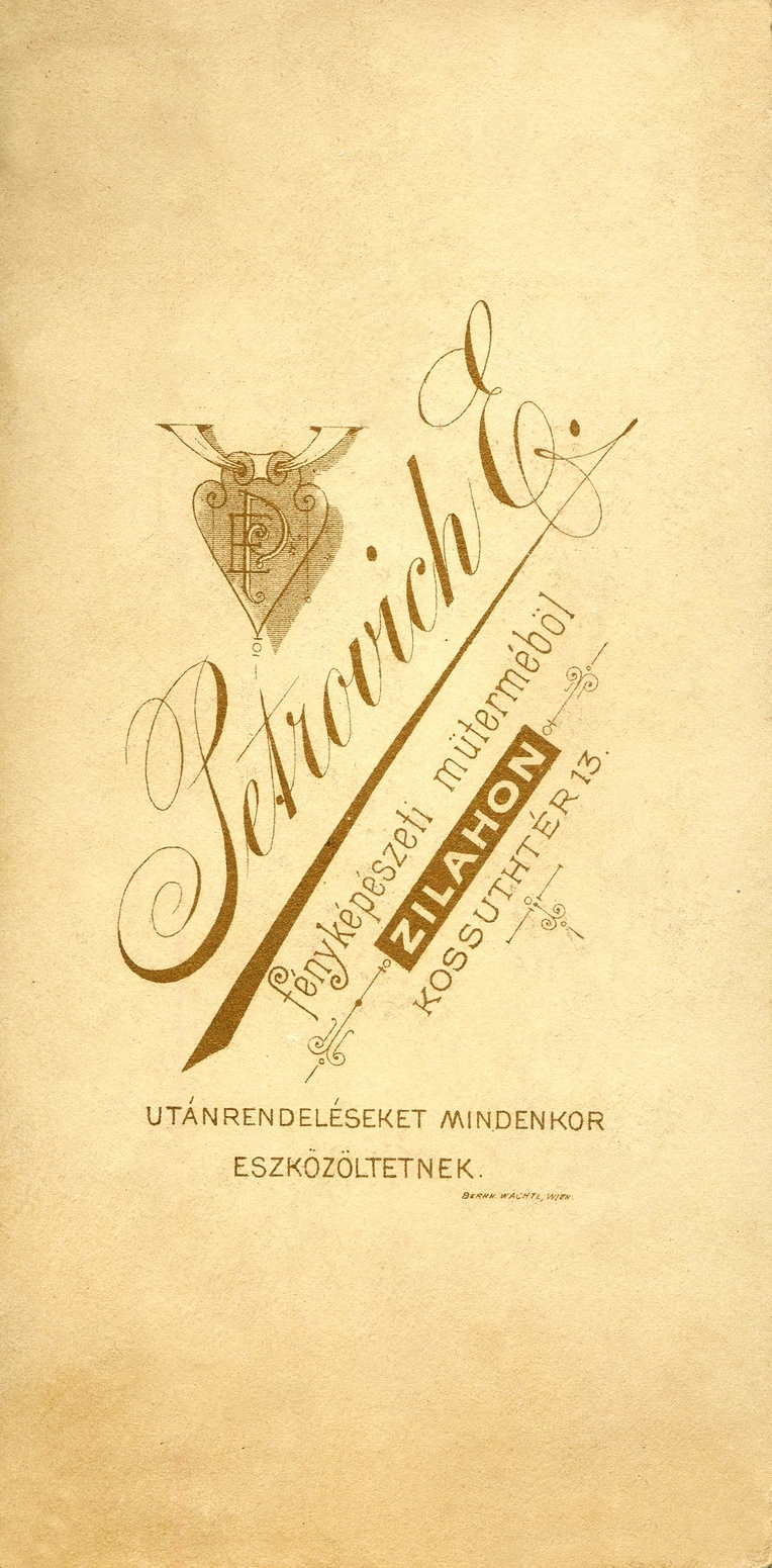 Romania,Transylvania, Zalău, Kossuth tér 13., Petrovich Elek fényképészeti műterme. A felvétel 1898-ban készült., 1900, Mészöly Leonóra, studio, photographer, verso, Fortepan #90322