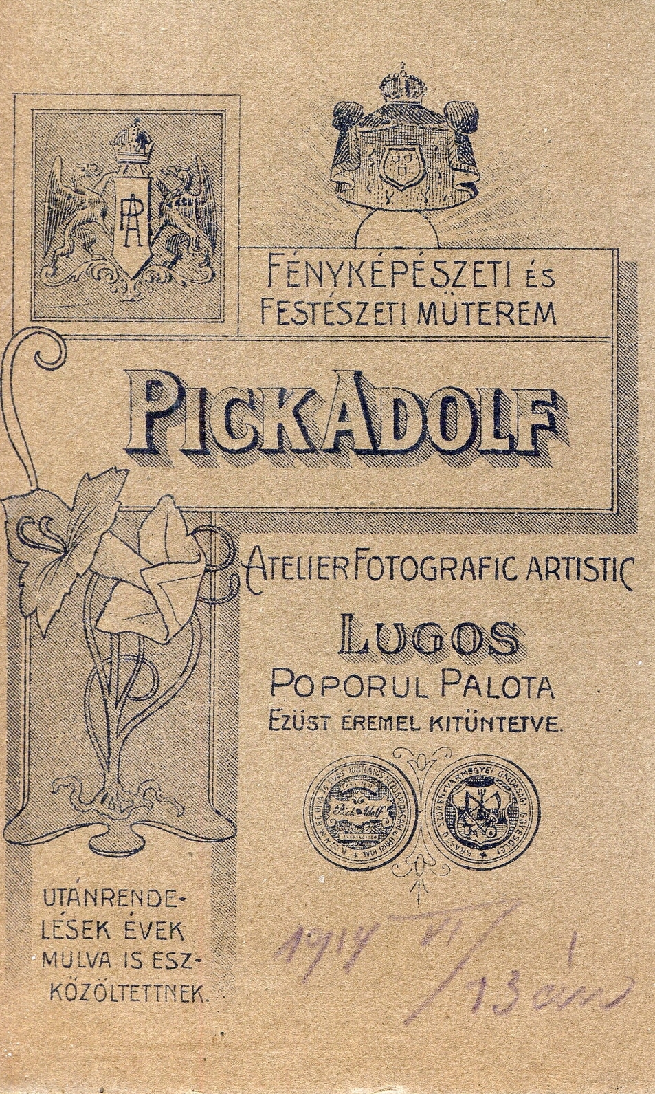 Romania,Transylvania, Lugoj, Poporul palota, Pick Adolf fényképész., 1919, Mészöly Leonóra, studio, photographer, verso, Fortepan #90323
