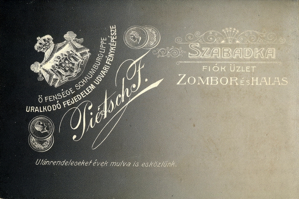 Serbia, Subotica,Sombor,Halas, Pietsch Ferenc fényképész., 1900, Mészöly Leonóra, studio, photographer, verso, Fortepan #90324