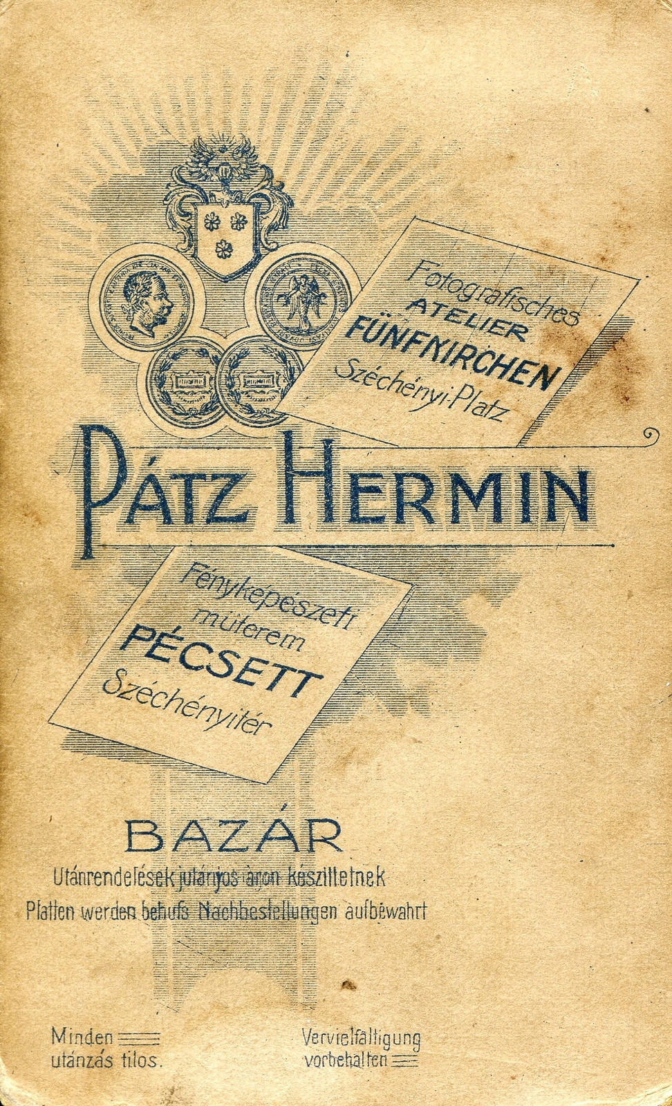 Hungary, Pécs, Széchényi tér, Bazár, Pátz Hermin fényképészeti műterme. A felvétel 1886-ban készült., 1900, Mészöly Leonóra, studio, photographer, verso, Fortepan #90334