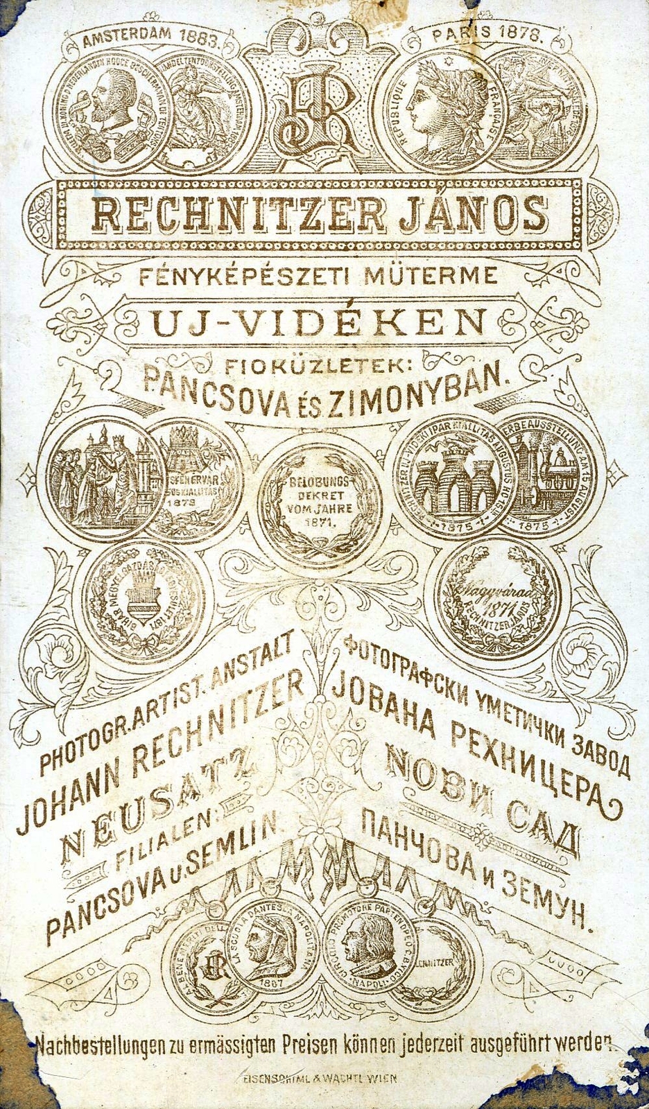 Szerbia, Újvidék, Rechnitzer János fényképész. A felvétel 1883-ban készült., 1900, Mészöly Leonóra, műterem, fényképész, hátlap, Fortepan #90342