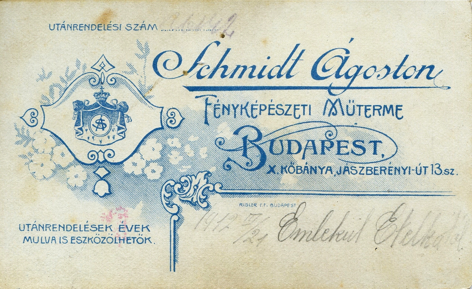 Magyarország, Budapest X., Jászberényi út 13., Schmidt Ágoston fényképészeti műterme., 1910, Mészöly Leonóra, műterem, fényképész, hátlap, Budapest, Fortepan #90359