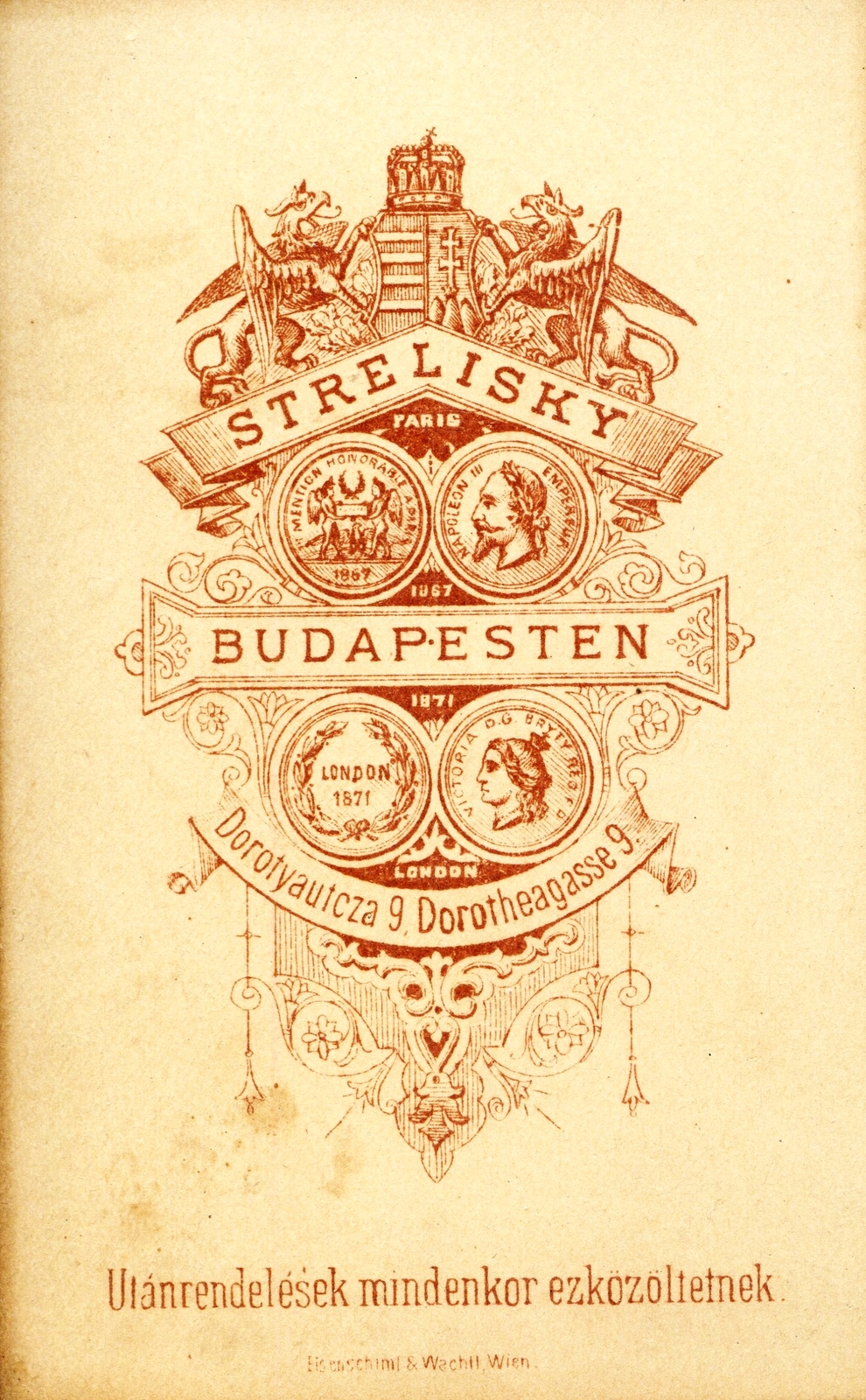 Hungary, Budapest V., Dorottya utca 9., Strelisky fényképész. A felvétel 1871-ben készült., 1900, Mészöly Leonóra, studio, photographer, verso, Budapest, Fortepan #90382