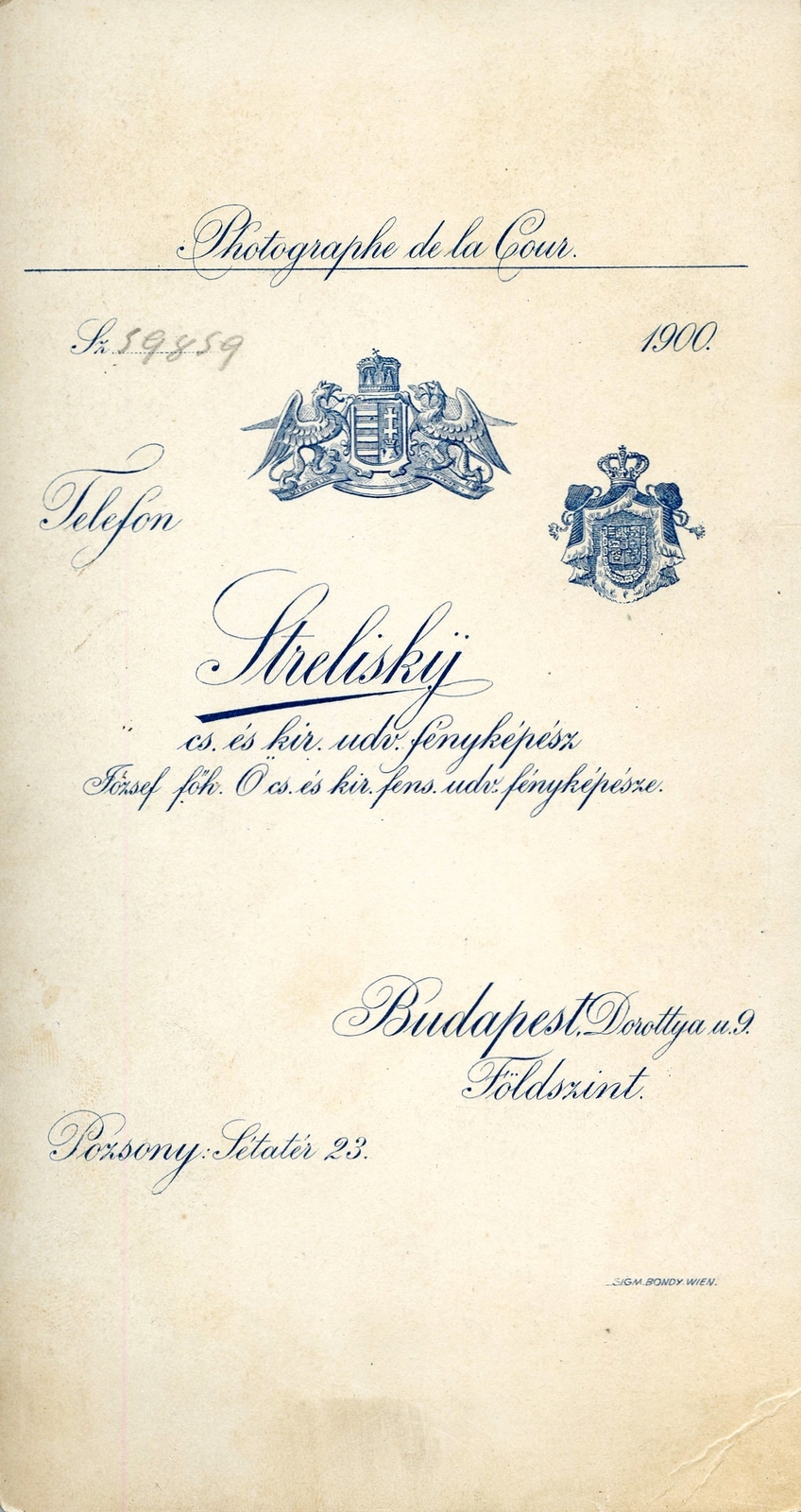 Magyarország,Szlovákia, Budapest V.,Pozsony, Dorottya utca 9. / Sétatér 23., Streliskij L. fényképész., 1900, Mészöly Leonóra, műterem, fényképész, hátlap, Budapest, Fortepan #90387