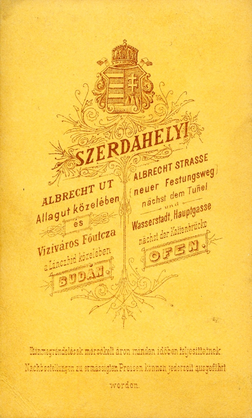 Magyarország, Budapest I., Hunyadi János (Albrecht) út 9., Szerdahelyi fényképész. A felvétel 1870-ben készült., 1900, Mészöly Leonóra, műterem, fényképész, hátlap, Budapest, Fortepan #90390