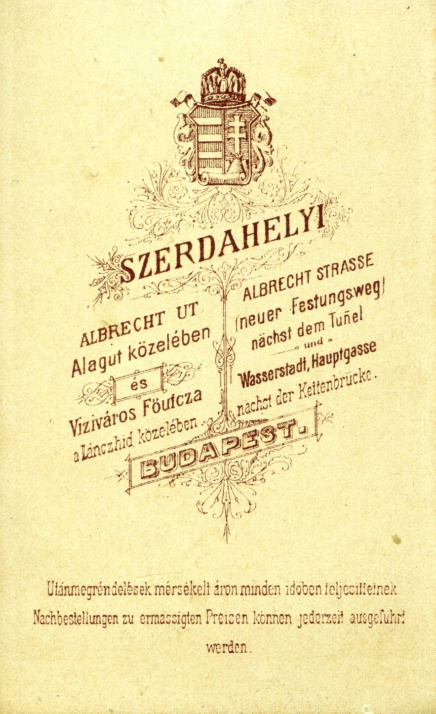 Magyarország, Budapest I., Hunyadi János (Albrecht) út 9., Szerdahelyi fényképész. A felvétel 1880-ban készült., 1900, Mészöly Leonóra, műterem, fényképész, hátlap, Budapest, Fortepan #90393